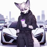 anthro canid canine car drugs fennec fox fur lucifluffy male mammal purple_eyes solo techwear vehicle white_body white_fur wilek