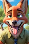 anthro bodily_fluids clothing disney dripping fur green_eyes looking_at_viewer male mouth_shot narrowed_eyes open_mouth plant presenting saliva saliva_drip saliva_on_tongue simple_background smile smiling_at_viewer solo teeth tongue tongue_out zootopia angry_puppy nick_wilde canid canine canis fox mammal