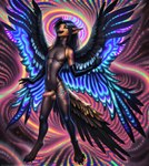 anthro balls black_hair blue_eyes brown_body canid canine canis domestic_dog fishnet genitals glowing hair hi_res hybrid icefoxai long_hair male mammal open_mouth penis psychedelic solo tattoo wings