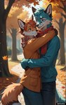 2024 anthro autumn autumn_leaves blue_body blue_eyes blue_fur blue_hair bottomwear brown_eyes clothing coat denim denim_clothing dipstick_tail duo embrace eye_contact female fur hair hug indigofurrymix_xl_(model) inner_ear_fluff jeans leaf looking_at_another male markings pants park plant pockets red_body red_fur red_hair scarf smile stable_diffusion sweater tail_markings topwear tree tuft nettele_(director) ambiguous_species canid canine fox mammal 16:10 colored detailed digital_media_(artwork) hi_res portrait widescreen