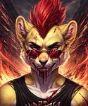 anthro black_clothing black_shirt black_topwear blood blood_covered bodily_fluids clothing eyewear fire gore male mohawk shirt solo sunglasses topwear jackson_maxston_(director) ajax_(jackson_maxston) felid lion mammal pantherine hi_res