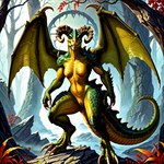 angry_expression anthro female forest genitals horn looking_at_viewer nude plant pussy rock solo standing tree wings denis0k deathclaw dragon