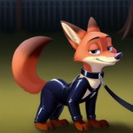 all_fours black_claws canid canine claws clenched_teeth clothing collar feral fox fur harness leash male mammal nick_wilde obsidian red_body red_fur rubber rubber_clothing rubber_suit seductive smile smiling_at_viewer solo tail tail_up teeth walking zootopia