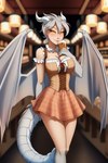 alcohol animal_humanoid anontk bar beverage big_breasts bottomwear breasts cleavage clothed clothing digital_media_(artwork) dragon dragon_humanoid female hair horn humanoid lady_nora_(twokinds) looking_at_viewer membrane_(anatomy) membranous_wings oktoberfest skirt smile solo twokinds wings yellow_eyes