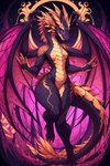 anthro claws dragon dragoness female flat_chested gold_scales horn membrane_(anatomy) membranous_wings moglo purple_body purple_eyes purple_scales scales scalie solo solo_focus spread_wings toe_claws wings