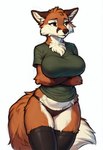 anthro big_breasts black_clothing black_legwear black_panties black_thigh_highs black_underwear breasts brown_ears brown_eyes brown_nose canid canine cheek_tuft chest_tuft clothing countershading crossed_arms dymaxion eyebrows facial_tuft female fluffy fluffy_tail fox fur fur_tuft green_clothing green_shirt green_topwear head_tuft hi_res inner_ear_fluff legs_together legwear looking_away mammal panties shirt simple_background solo standing t-shirt thick_thighs thigh_highs topwear tuft underwear white_background white_inner_ear_fluff wide_hips