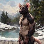 anthro black_body black_fur day forest fur genitals hairy hot_spring male mammal mature_male mouse_ears mouse_tail murid murine muscular muscular_male nipples nude pecs penis plant rat red_eyes rodent solo tree water