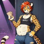 after_vore anthro big_bulge bone bottomwear bulge clothing collar crop_top digestion male pants shirt skull solo spiked_collar spikes topwear vore thedavid cheetah felid feline mammal hi_res