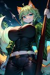 animal_humanoid big_breasts breasts calamityfox canid canid_humanoid canine canine_humanoid female fox fox_humanoid green_hair hair holding_object humanoid looking_at_viewer looking_down mammal mammal_humanoid melee_weapon multi_tail polearm smile solo spear weapon zeta_xiaolong_(calamityfox)