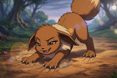 ambiguous_gender claws dust ears_down eyelashes feral fluffy_body fluffy_fur head_down head_down_ass_up mischievous_expression narrowed_eyes neck_tuft pivoted_ears raised_tail tuft anonymous_director nintendo pokemon rascal eevee generation_1_pokemon pokemon_(species)