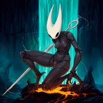 black_body breasts cavern exoskeleton female genitals navel nipples non-mammal_breasts non-mammal_nipples nude pussy silk solo waterfall weapon berto hollow_knight team_cherry hornet_(hollow_knight) animal_humanoid arthropod arthropod_humanoid humanoid hi_res
