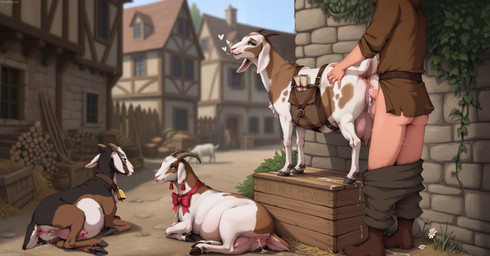 <3 after_sex anus balls belt bestiality bodily_fluids boots bottomwear bottomwear_down bow_ribbon clothed clothing cloven_hooves cowbell crate cum cum_drip cum_from_pussy cum_in_pussy cum_inside cum_on_ground cum_string dripping ear_piercing ear_ring female female_feral feral feral_penetrated footwear from_behind_position genital_fluids genitals group hand_on_butt happy happy_sex hooves horizontal_pupils horn human_on_feral human_penetrating human_penetrating_feral interspecies lying male male/female male_human male_on_feral medieval on_ground on_side pants pants_down partially_clothed penetration penile penile_penetration penis penis_in_pussy piercing pupils pussy quadruped ring_piercing satchel sex standing standing_sex teats text town tunic udders vaginal vaginal_penetration terraraptor world_of_midria bovid caprine domestic_goat goat human mammal nubian_goat director_name english_text hi_res