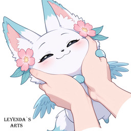 black_eyes blush chibi ears_up female feral flower fur plant simple_background smile solo tail white_background white_body white_fur wings leyendas_arts minto_(vkontakte) canid canine fox hybrid mammal hi_res watermark