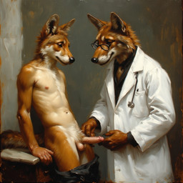 anthro balls brown_body clothed clothing coat doctor doctors_office duo erection examination_table eyewear fur genitals glasses hair hospital humanoid_genitalia humanoid_penis inside lab_coat laboratory male male/male narrowed_eyes nipples nude nurse_clothing nurse_outfit penile penis seductive sex smile topwear tuft white_body white_fur extravirginweaseloil canid canine canis coyote domestic_dog fox mammal hi_res