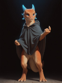 3_toes 4_fingers ambiguous_gender anthro beckoning blue_eyes blue_horn bottomless cheek_horn cheek_tuft clawed_hands claws clothed clothing digitigrade facial_tuft feet finger_claws fingers front_view fur gesture glowing glowing_horn holding_clothing holding_object hood_down hooded_cloak horn multicolored_body multicolored_fur neck_tuft orange_body orange_fur simple_background solo stone_floor tail tan_body tan_fur toes tuft two_tone_body two_tone_fur white_claws knotanotherfurry furred_kobold kobold 2025 absurd_res hi_res