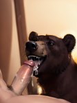 absurd_res ambiguous_gender balls bestiality black_nose bodily_fluids brown_bear brown_body brown_fur cum cum_drip cum_in_mouth cum_inside cum_on_penis cum_on_tongue dripping duo excessive_cum excessive_genital_fluids feral fur genital_fluids genitals hi_res human human_on_feral interspecies looking_at_another looking_at_partner looking_pleasured looking_up male male/ambiguous mammal nude open_mouth open_smile oral penis sex shuffur simple_background smile tongue ursid ursine