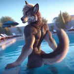 anthro big_butt bmrwcl butt canid canine canis detailed detailed_background detailed_fur fluffy fluffy_tail fur grey_body grey_fur hair looking_at_viewer looking_back male mammal muscular muscular_anthro muscular_male neck_tuft nude outside pool smile smirk solo tuft water wet wet_body wet_fur white_body white_fur white_hair wolf