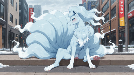 4_toes animal_genitalia animal_pussy blue_body blue_eyes blue_fur blush canine_genitalia canine_pussy feet female feral fur genitals looking_at_viewer multi_tail outside pawpads paws pink_pawpads presenting pubes pussy raised_leg sitting sitting_on_ground smile snow solo spread_legs spreading toes white_body white_fur pixvul nintendo pokemon alolan_form alolan_ninetales pokemon_(species) regional_form_(pokemon) hi_res