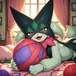ambiguous_gender anthro bed_sheet bedding fangs hugging_object inside looking_at_viewer open_mouth open_smile pillow semi-anthro smile solo window yarn yiffymix_(model) tyto4tme4l nintendo pokemon felid feline generation_9_pokemon mammal meowscarada pokemon_(species) hi_res