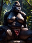 anthro ape black_body black_pussy bottomwear breasts clothing female genitals gorilla haplorhine hi_res jungle loincloth looking_at_viewer mammal marcus64 navel primate pussy sitting sitting_on_rock solo