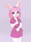 anthro blue_eyes clothing dress female flower fur hair pink_hair plant purple_clothing purple_dress solo undressing white_body white_fur white_skin yiff-ai lagomorph leporid mammal rabbit flat_colors portrait