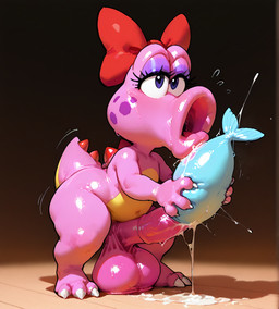 anthro balls bestiality big_balls big_penis bodily_fluids bow_ribbon cum cum_drip cum_in_mouth cum_inside dominant dripping feral fleshlight_position genital_fluids genitals gynomorph gynomorph_penetrating intersex intersex_penetrating interspecies interspecies_domination living_sex_toy makeup oral penetration penis pink_body simple_background what anonymous_director mario_(series) birdo dinosaur fish marine reptile scalie