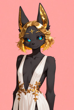 anthro black_body black_fur black_sclera blonde_hair breasts clothing collarbone female fur hair looking_at_viewer markings metallic_hair pink_background pink_pupils pseudo_hair pupils simple_background small_breasts solo standing white_clothing yellow_markings canid canine canis domestic_dog mammal hi_res