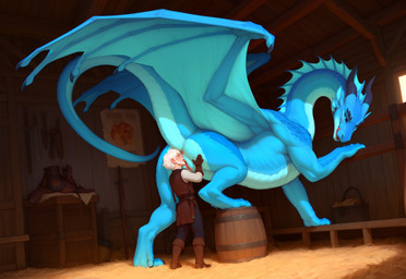 5_fingers anus barrel beard bestiality black_sclera blue_body blue_eyes blue_scales bodily_fluids boots butt clothing detailed_background digitigrade duo ear_fins facial_hair female feral fin fingers footwear genitals gloves green_eyes hair hand_on_butt handwear horn human_on_feral inside interspecies leather leather_clothing licking looking_at_another looking_at_partner male male/female medieval_armor medieval_background medieval_clothing melee_weapon membrane_(anatomy) membranous_wings mythology poster pussy pussy_licking saliva scales short_hair size_difference smaller_human smaller_male stable straw sword tongue tongue_out wall_(structure) weapon white_beard white_hair wings wood_wall adragocult dragon human mammal mythological_creature mythological_scalie scalie western_dragon absurd_res hi_res