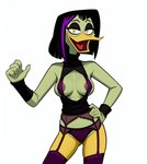 abs anatid anseriform anthro areola areola_slip avian beak bird black_clothing black_hair breasts camel_toe cleavage_cutout clothing cloud9999 disney duck ducktales ducktales_(2017) eyebrows eyeliner eyeshadow feathers female garter_belt garter_straps green_body green_feathers green_skin hair half-closed_eyes hand_on_hip hi_res highlights_(coloring) inner_boob laughing lingerie looking_at_viewer magica_de_spell makeup meme meme_clothing narrowed_eyes nipple_outline nipples non-mammal_breasts non-mammal_nipples open_mouth orange_legs portrait pose short_hair side_boob simple_background solo sweater three-quarter_portrait tongue topwear virgin_killer_sweater white_background yellow_eyes