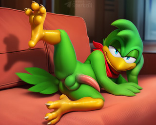 3_toes animal_genitalia animal_penis anthro anus avian_feet balls bandanna beak bedroom_eyes biped blue_eyes butt claws clothing erection feathers feet furniture genitals green_body green_feathers half-closed_eyes inside kerchief looking_at_viewer lying male male_anthro narrowed_eyes neckerchief nude on_side penis presenting raised_leg red_kerchief scutes seductive smile sofa solo spread_legs spreading tail tail_feathers talons tapering_penis telegram telegram_logo text toe_claws toes yellow_scutes sergalbutt sega sonic_the_hedgehog_(series) bean_the_dynamite accipitrid accipitriform avian bird picid woodpecker 5:4 director_name signature url
