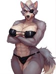 abs annoyed_expression anthro arm_under_breasts athletic athletic_female bandeau biceps big_breasts bikini black_clothing black_nose black_underwear bra breasts chest_tuft cleavage clothed clothing crossed_arms crossgender eye_patch eyewear female fur glistening grey_body grey_fur hair looking_at_viewer mtf_crossgender multicolored_body multicolored_fur muscular muscular_anthro muscular_female narrowed_eyes navel red_eyes scar simple_background solo standing swimwear tan_body tan_fur teeth thick_thighs topwear tuft two_tone_body two_tone_fur underwear white_background white_body white_fur white_hair unknown_director wolf_o'donnell canid canine canis mammal wolf hi_res portrait three-quarter_portrait