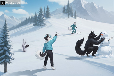 anthro black_body black_fur black_hair blue_hair female fluffy fluffy_tail fur group hair jack_(weytani99) male outside snow snowman yellow_eyes weytani99 skye_(weytani99) canid canine canis domestic_dog fox husky mammal nordic_sled_dog spitz wolf hi_res