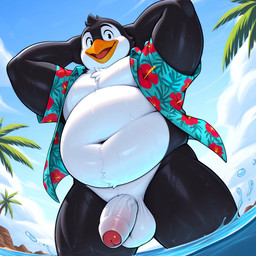 aloha_shirt anthro balls beak belly belly_overhang black_body black_feathers blush bottomless clothed clothing feathers foreskin genitals hands_behind_head looking_at_viewer male mostly_nude outside overweight overweight_anthro overweight_male palm_tree pattern_clothing pattern_shirt pattern_topwear penis plant shirt solo standing standing_in_water tongue topwear topwear_only tree water white_body white_feathers luuklook avian bird penguin absurd_res hi_res