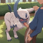 anthro bestiality blue_body blush bodily_fluids claws clothed_male duo featureless_face fellatio female feral fur genitals grass hair horn human_on_feral interspecies male male/female neck_tuft oral outside paws penile penis plant pulling_hair pupils red_eyes saliva sex shrub sweat tail touching_hair tree tuft white_body white_fur white_hair white_pupils cpt_d nintendo pokemon absol generation_3_pokemon human mammal pokemon_(species) hi_res