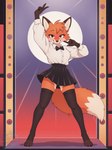 anthro big_tail blush bottomwear brown_eyes butt_from_the_front claws clothing eyelashes female fur gesture hair legwear looking_at_viewer markings orange_body orange_fur paws pleated_skirt retro shirt short_hair skirt smile solo stockings topwear v_sign white_body myrlonel canid canine fox mammal absurd_res hi_res