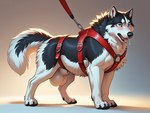 animal_genitalia blush feral fully_sheathed genitals harness large_balls leash male muscular sheath solo canid canine canis domestic_dog husky mammal nordic_sled_dog spitz hi_res