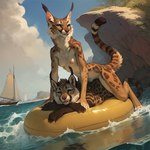 ambiguous_gender anthro blep breasts casual_nudity duo female inflatable inner_tube looking_at_viewer nipples nude_female outdoor_nudity outdoors partially_submerged seaside smile tongue tongue_out vehicle water watercraft yacht anonymous_director felid feline lynx mammal absurd_res hi_res