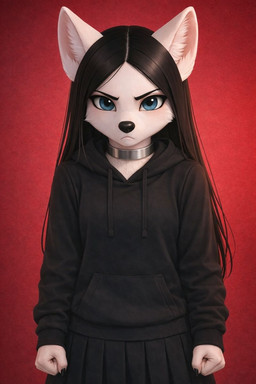 angry anthro black_hair blue_eyes bottomwear choker clothed clothing dark_hair female fur hair hoodie jewelry long_hair looking_at_viewer miniskirt necklace skirt solo topwear tuft white_body white_fur foxytaill silver_snowflake arctic_fox canid canine canis fox mammal hi_res