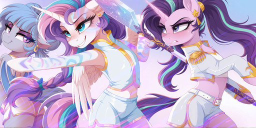 angry bat_wings blue_eyes braided_mane clothing ear_piercing ear_ring eyelashes female feral floppy_ears front_view gold_trim group hair holding_object holding_weapon horn mane membrane_(anatomy) membranous_wings open_mouth open_smile piercing ponytail purple_eyes ring_piercing smile tail teeth trio weapon wings kanemon friendship_is_magic kpop_demon_hunters my_little_pony fan_character flurry_heart_(mlp) lucky_roll_(kanemon) starlight_glimmer_(mlp) bat_pony earth_pony equid equine horse mammal pony unicorn winged_unicorn absurd_res hi_res