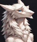 anthro black_background blue_eyes cheek_tuft chin_tuft facial_tuft female fluffy fur hair looking_at_viewer messy_hair neck_tuft simple_background smile solo tuft white_body white_fur white_hair oldhroft sergal bust_portrait hi_res portrait