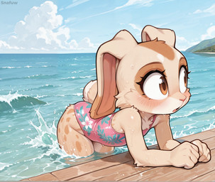 anthro bent_over big_ears big_eyes blue_sky blush blush_lines brown_body brown_eyes brown_fur clothing cloud curious eyebrows eyelashes female floppy_ears fur grassland leaning leaning_forward looking_away multicolored_body multicolored_fur partially_submerged rabbit_ears sand sea seaside sky snout solo splash spots spotted_body spotted_fur swimwear tan_body tan_fur tuft two_tone_tail water wave wet white_body white_fur wood_floor young snafuw sega sonic_the_hedgehog_(series) cream_the_rabbit lagomorph leporid mammal rabbit 2026 detailed director_name hi_res novafurryxl_(model)