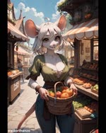 anthro basket breasts cleavage clothed clothing container fantasy female food fruit looking_at_viewer market plant shopping village cattorihanzo canid canine canis felid fox mammal mouse murid murine pantherine rodent tiger wolf animated hi_res webm