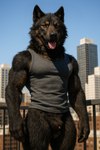 animal_genitalia anthro balcony balls blurred_background bottomless canine_genitalia city city_background clothed clothing day eye_scar facial_scar front_view genitals light lipsticking male muscular muscular_anthro muscular_male outside partially_clothed penis penis_tip photorealism photorealistic realistic realistic_fur realistic_lighting scar sheath shirt solo standing sunlight sunny tank_top tongue tongue_out topwear delken canid canine canis mammal wolf hi_res