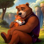 absurd_res anthro canid canine cuddling duo fox friends hi_res hugging little_john love male male/male mammal robin_hood robin_hood_(disney) twinklespark ursid warm_smile