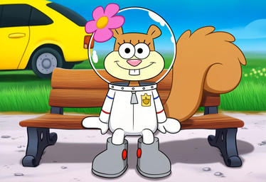 anthro buckteeth car clothing diving_suit female flower fur grass looking_at_viewer outside plant sitting_on_bench smile solo tail teeth vehicle boxen549 meme_2026 nickelodeon spongebob_squarepants sandy_cheeks mammal rodent sciurid meme