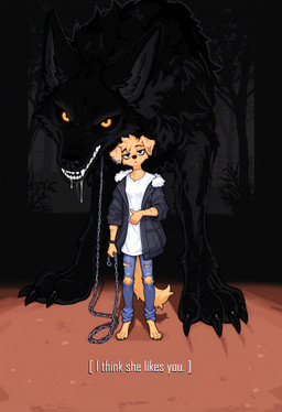 amber_eyes anthro bags_under_eyes black_body black_claws black_eyebrows black_eyes black_fur black_nose black_sclera bodily_fluids bottomwear bracelet chain chest_tuft claw_marks claws clothing collarbone denim denim_clothing drooling duo ear_piercing eyebrows female female/female feral fur gesture head_tuft jacket jeans jewelry leash open_mouth pants piercing ringed_eyes saliva scar shirt spiked_bracelet spikes text thumbs_up topwear torn_bottomwear torn_clothing torn_jeans torn_pants triangle_mouth tuft white_clothing white_shirt white_topwear yellow_body yellow_fur koyo bird_dog canid canine canis domestic_dog golden_retriever hunting_dog mammal retriever wolf absurd_res hi_res