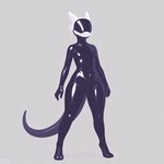 ambiguous_gender anthro belly_button black_body breasts cybernetics digitigrade drone featureless_belly featureless_breasts featureless_chest featureless_crotch front_view glistening glistening_body glistening_skin latex machine navel nude rubber simple_background solo standing tail thick_thighs visor white_body wide_hips direfelis_(director) cyborg lizard reptile robot scalie 1:1 watermark