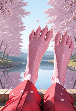 ambiguous_gender anthro asian_clothing bottomwear cherry_blossom cherry_blossom_tree cherry_tree clothing day east_asian_clothing feet first_person_view foot_focus fruit_tree grass hakama japanese_clothing lake light mountains petals pink_body pink_scales plant reflection scales solo sunlight tree water wood tollilo kobold reptile scalie hi_res