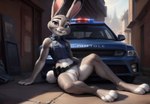 alley anthro arm_support belt bottomless bottomless_female car casual_exposure city city_background clothed clothing disney ears_up female genitals looking_at_viewer outside police_car police_uniform presenting pussy sitting_on_ground smile solo spread_legs spreading topwear uniform vehicle vest wolf552906 zootopia judy_hopps lagomorph leporid mammal rabbit hi_res