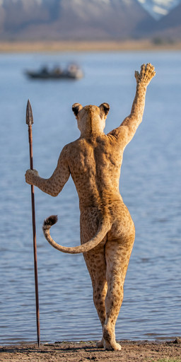 anthro butt female gesture lake lakeside melee_weapon mountains nude outside photorealism polearm solo spear tasteful_nudity water waving weapon tribalcat felid lion mammal pantherine absurd_res hi_res